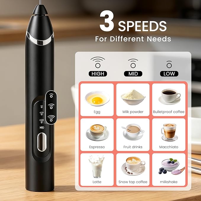Handheld Milk Frother with Travel Case - Portable USB Rechargeable Mini Whisk for Coffee, Latte. Includes 3 whisks, storage, perfect for frothing milk, beating eggs, and blending drinks.
