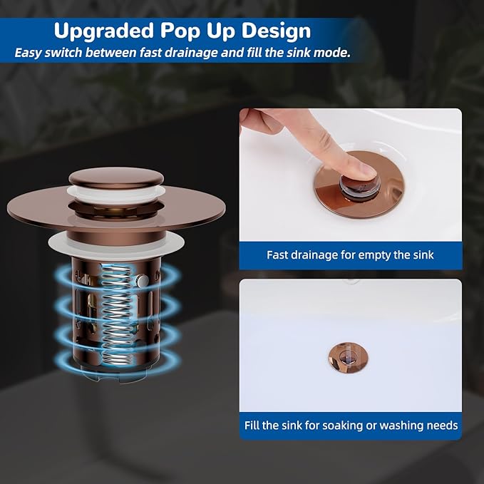 Hibbent Upgraded 3 in 1 Bathroom Sink Drain Strainer, Universal Pop Up Stopper with Removable Stainless Steel Filter Basket Hair Catcher, Sink Plug for 1.1''~2.36'' Basin, Brass Bullet Core, Rose Gold