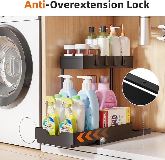 Simple Trending Under Sink Organizer, 2 Pack Pull Out Cabinet Organizer with Sliding Drawer, 2-Tier Under Sink Storage for Kitchen Bathroom, Black