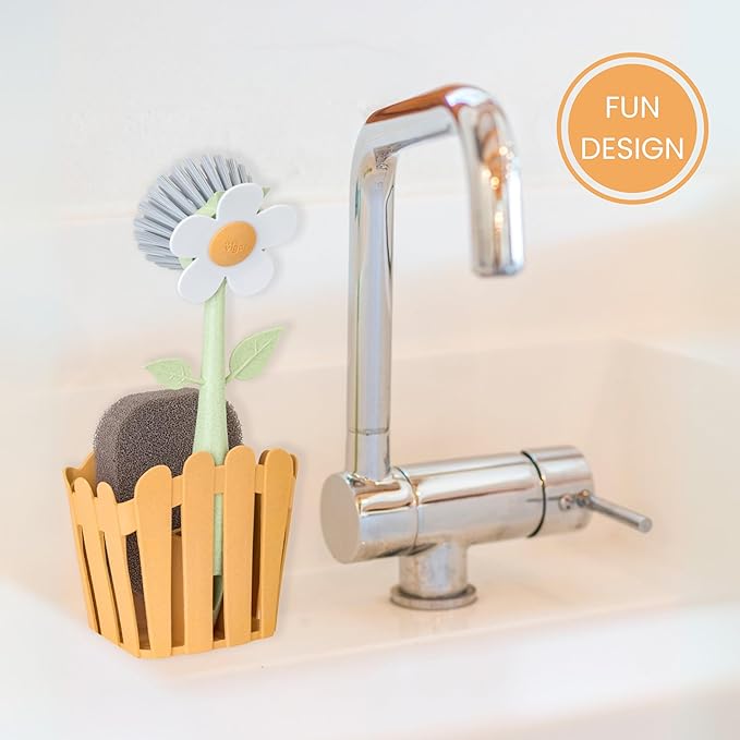 Vigar Florganic Kitchen Sink Caddy Organizer - Dish Sponge Holder with Flower Dish Brush, Suction Cup & Sponge for Kitchen Sink, Decorative Kitchen Sink Accessories Countertop Storage Set - Orange