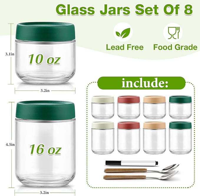 Qipecedm 8 Pack Overnight Oats Containers with Lids, Large & Small Glass Mason Jars 16oz & 10 oz, Breakfast Oatmeal Container to Go, Salad Meal Prep Jars for Food Storage, Mush Chia Seed Pudding Jars