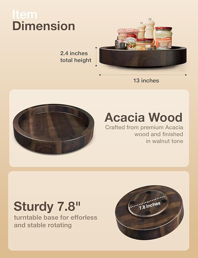 TIDITA 13" Acacia Lazy Susan Turntable for Table - Wooden Charcuterie Boards Cheese Board - Extra Large Lazy Susan Organizer - Kitchen Turntable for Cabinet, Pantry (13 Inch, Walnut)