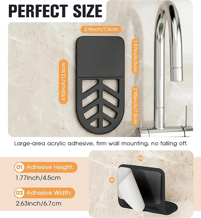 2Pack Sponge Holder for Kitchen Sink, Strong Self-Adhesive Sink Caddy Soap Holder, Silicone Rustproof for Sponges, Brushes, Stoppers, Razo, Flexible-2.9" x 4.92" (Black)