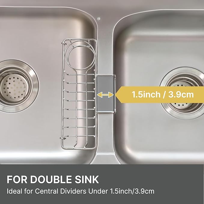 KESOL 3-in-1 Sponge Holder for Kitchen Sink, Hanging Caddy for Double Bowl Sinks, Stainless Steel Sponge with Dishcloth Holder, Brush & Soap Rack, Kitchen Sink Accessories, Silver