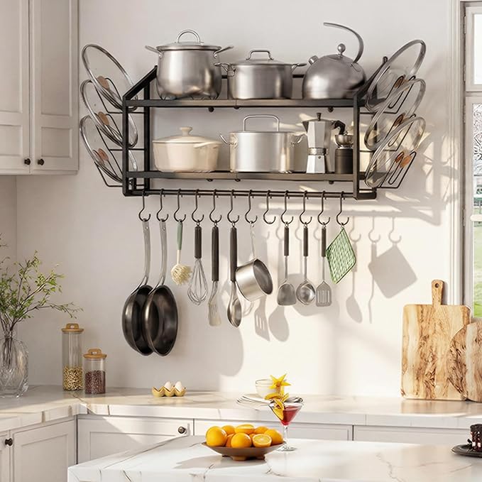 VOPEAK 30" Pot Rack Wall Mounted with 6 Detachable Pot Lid Holders,12 Adjustable S Hooks for Hanging Pans,2 Tier Black Heavy Duty Metal Shelves for pots and pans Organizer,200lbs Capcity,Space Saving