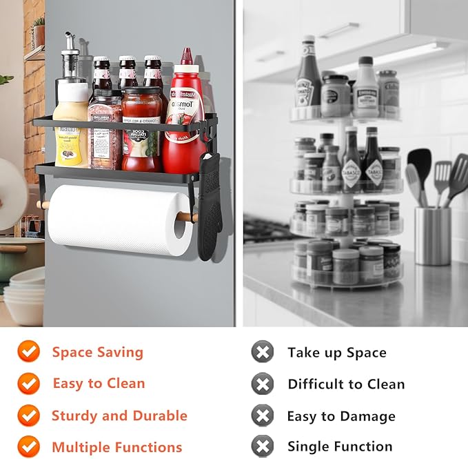 Magnetic Shelf with Paper Towel Holder for Fridge/Washing Machine/Garage, Magnet Kitchen Spice Rack for Refrigerator, Wall Mount Storage Organizers (Black)