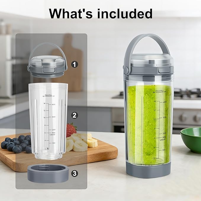 Ninja Blast Accessories 3pcs - Replacement Parts 18oz Blending Vessel Cup & Vessel Cap & Sip Lid with Carry Handle, Compatible with Ninja Blast Portable Blender BC100 Series and BC151 Series Grey