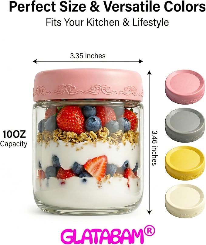 10 OZ 4Pack, Overnight Oats Jars with Lids, Glass Meal Prep Containers, Airtight Mason Jars for Breakfast, Yogurt Parfait, Salad & Smoothies, Leakproof and Reusable Food Storage Jars(4-2)