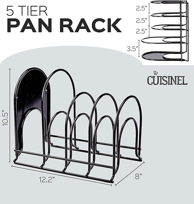 Cuisinel Heavy Duty Pots and Pans Organizer Rack - 12.2"-Inch Tall - 5 Tier Rack - Holds 60 LB - Cast Iron Skillets, Griddles, Shallow Cookware - Space Saving Kitchen Storage - No Assembly Required