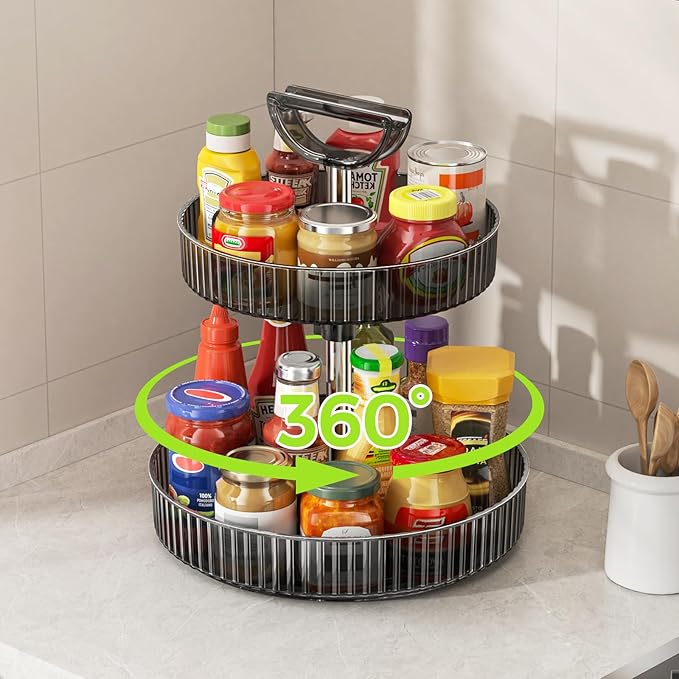 Lazy Susan Organizer – 2 Tier Rotating Spice Rack Turntable, 11.4" Plastic Spinning Organizer for Kitchen Cabinet Pantry Countertop Cupboard Bathroom Storage