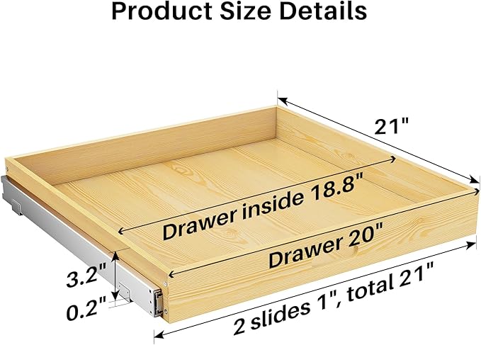 2Pack Pull Out Cabinet Organizer, Soft Close Wooden Slide Out Drawers for Pots, Full-extension Roll Out Shelves for Kitchen Cabinets, Pantry Organization, Bottom and Side Mount( 21"W X 21"D x 3.4''H)