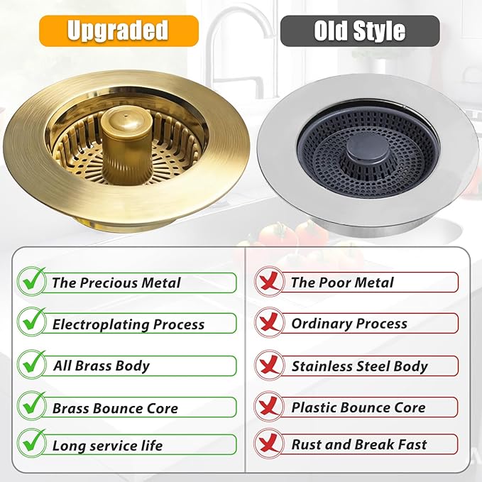 Anlige Kitchen Sink Drain Strainer, 3 in 1 Pop Up Kitchen Sink Stopper, with an Extra Basket Strainer, Universal for US Standard 3-1/2 Inch, Brushed Gold