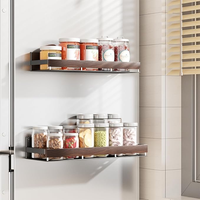 Walnut Magnetic Spice organizer for Refrigerator Wall Mount Spice Rack Magnetic Fridge Shelf Spice Jar Seasoning Organizer (Walnut 2 Pack)