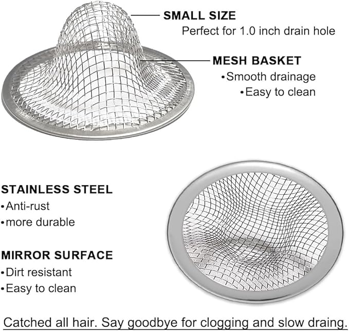 1.0" Small Drain Strainer, Sink Drain Hair Catcher, Bathroom Sink Drain Strainer, 2PCS Drain Mesh Baskets for Laundry, Mop Pool, Utility, Slop, RV Sink, Stainless Steel Drain Filter