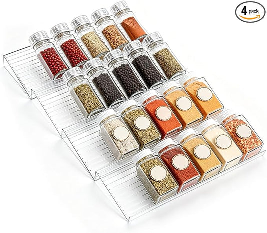 4 Pack Spice Drawer Organizer, Acrylic Spice Rack Expandable From 9" to 18", Clear Seasoning Organizer Tray for Kitchen Holds up to 24 Jars (Jars Not Included)