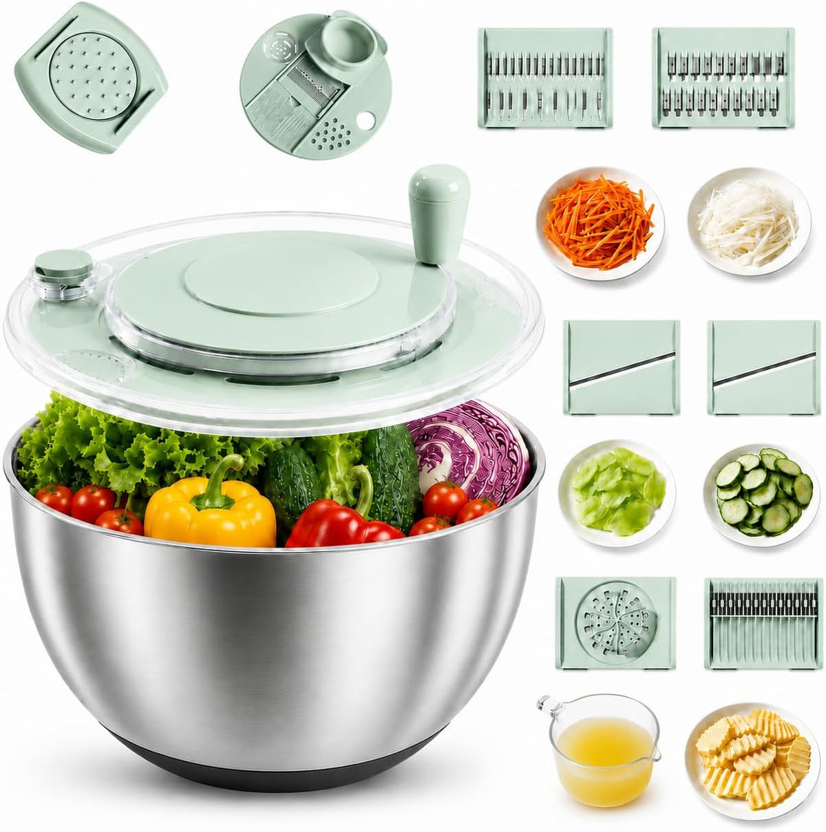 Stainless Steel Salad Spinner, 4.25Qt Lettuce Spinner with 5 Blade Slicer