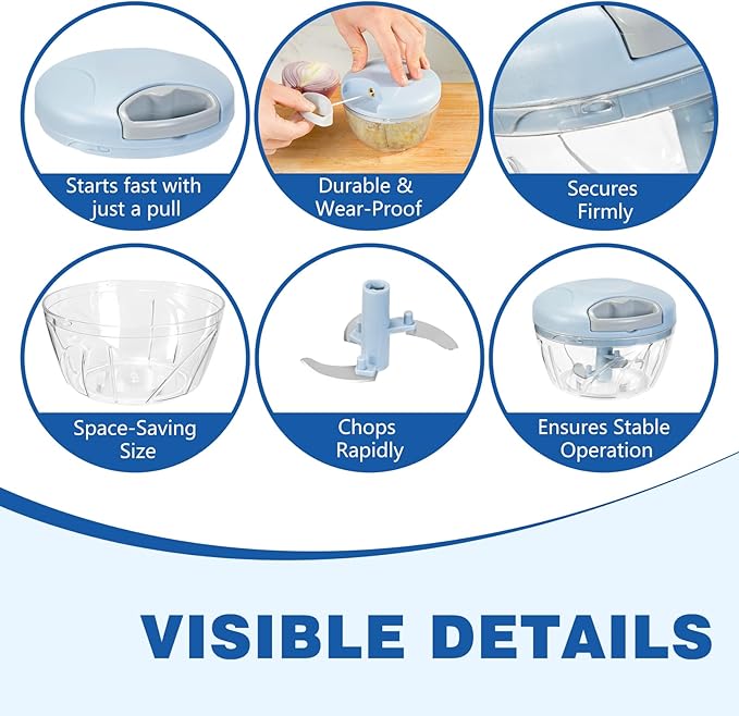 Manual Food Processor Vegetable Chopper, Portable Hand Pull String Garlic Mincer Onion Cutter for Veggies, Suitable for Vegetables, Ginger, Garlic, Fruits, Onion, Potato, Salad (Blue 500 ml)