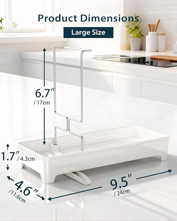 Plastic Sink Caddy, Rustproof Sponge Holder for Kitchen Sink with 304 Stainless-Steel Brush Holder, Countertop Rack Organizer with Raised Ridges & Silicone Drain Tube (Cream White, Large)
