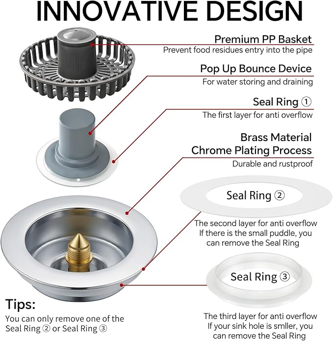 Kitchen Sink Stopper, 3 in 1 Pop Up Kitchen Sink Drain Strainer, with an Extra Basket Strainer, Sink Drain Stopper for US Standard 3-1/2 Inch, Brass Material Electroplate (Silver 2pcs)