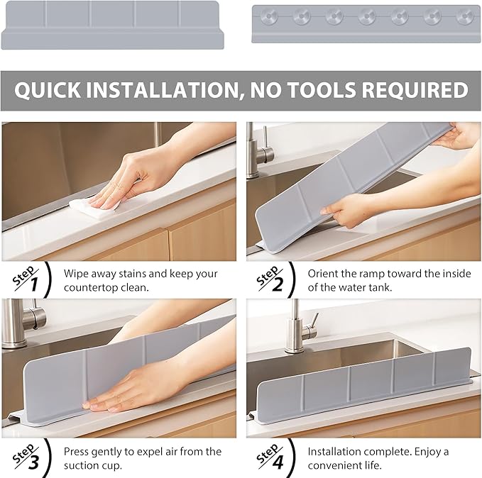 23Inch Sink Splash Guard – Extended Length & Tall Silicone Kitchen Sink Splash Guard with Overhang Drainage Design, High Splash Wall & Strong Suction Cups for Countertop (Grey, 23''x3.5'')