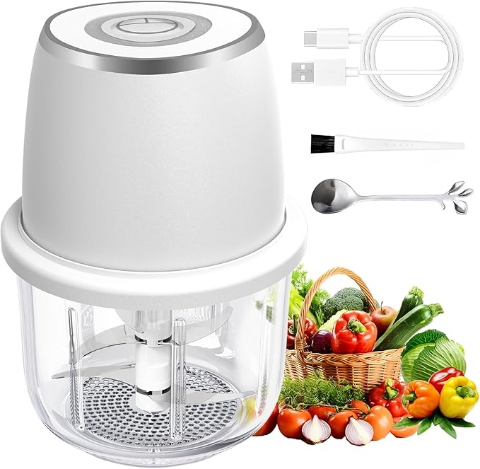 Electric Mini Garlic Chopper, Mini Food Chopper & 350ml Portable Cordless USB Rechargeable Garlic Chopper, Best Mini Chopper for Onion, Herb, Nut, Easy to Clean Glass Container （Witer)