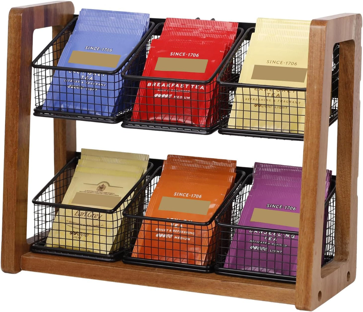 2 Tier Tea Organizer for Tea Bags with 6 Removable Metal Baskets