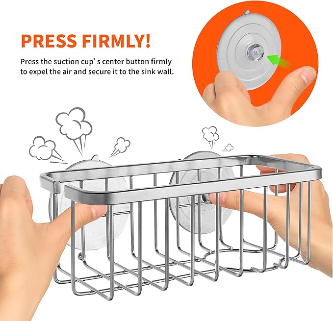 SunnyPoint NeverRust Deluxe Kitchen & Bathroom Sink Sponge Holder Organizer with Adhesive Mount - Additional Suction Cup Included – Sponge & Brush NOT Included – 7.4 x 3.3 x 2.75 Inch (Mat Black)