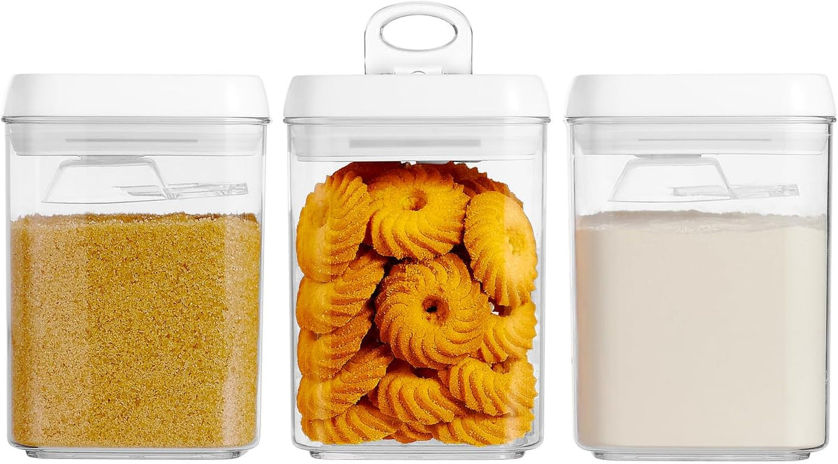 Flip Tite Storage Container with Built-In Spoon & Airtight Lid 5” Large-M Ring Flip Top, Stackable Acrylic Canister for Sugar Flour Powder, Kitchen Pantry Organizer (1.8qt), 2 spoons