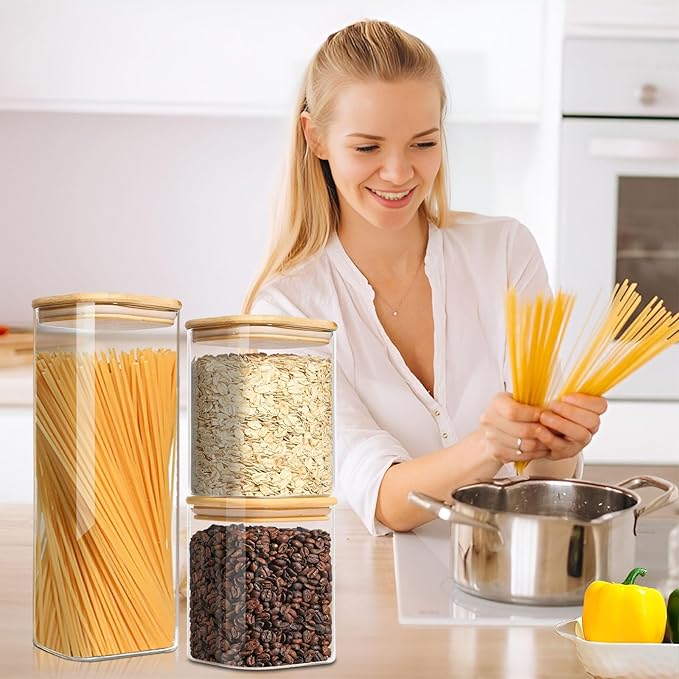 VIEWELLD Food Storage Containers with Airtight Bamboo Lids Set of 5, Glass Canisters with Airtight Lids, Glass Food Storage Containers for Pasta, Oats, Coffee, Flour, Sugar, Best for Kitchen, Square