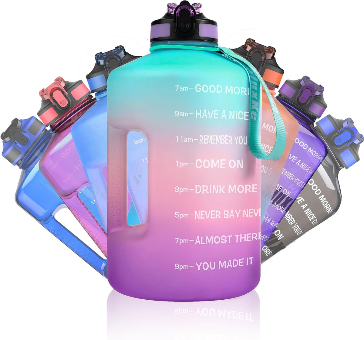 1 Gallon Water Bottle with Time Marker and Straw, BPA Free 128oz Leak Proof Motivational Large Water Bottle Jug with Handle, Pop Up Open Sports Big Bottle Jug with Comfortable Silicone Nozzle