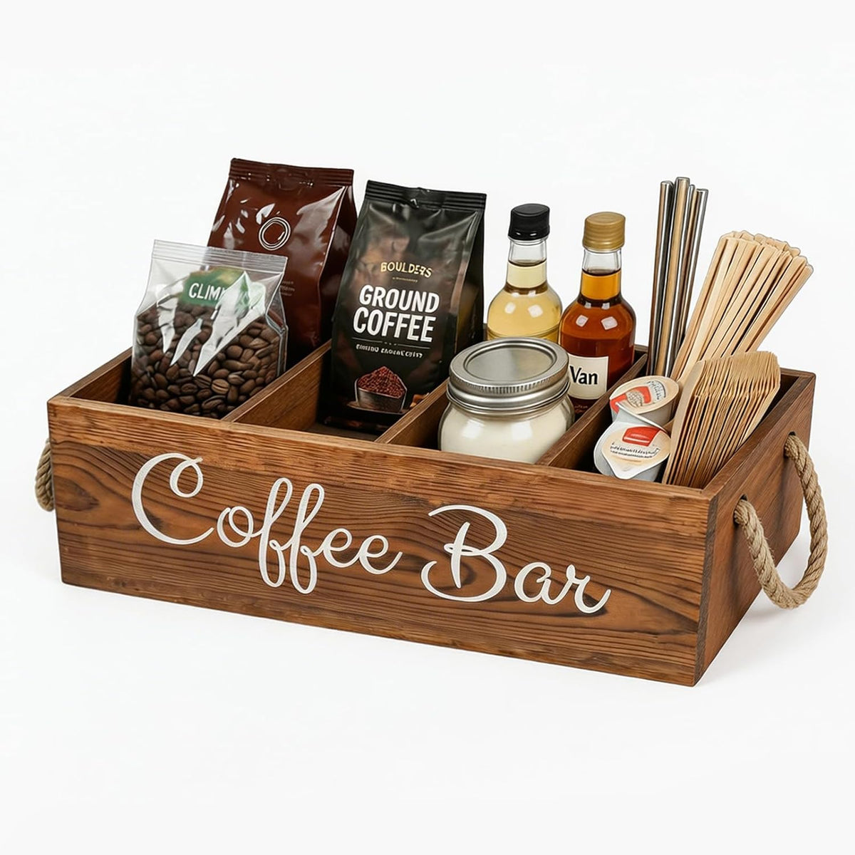 Coffee Station Organizer with Small Removable Dividers, Wooden Coffee Bar Accessories Storage For Countertop, Farmhouse Kcup Coffee Pod Holder Basket With Handle For Coffee Lover