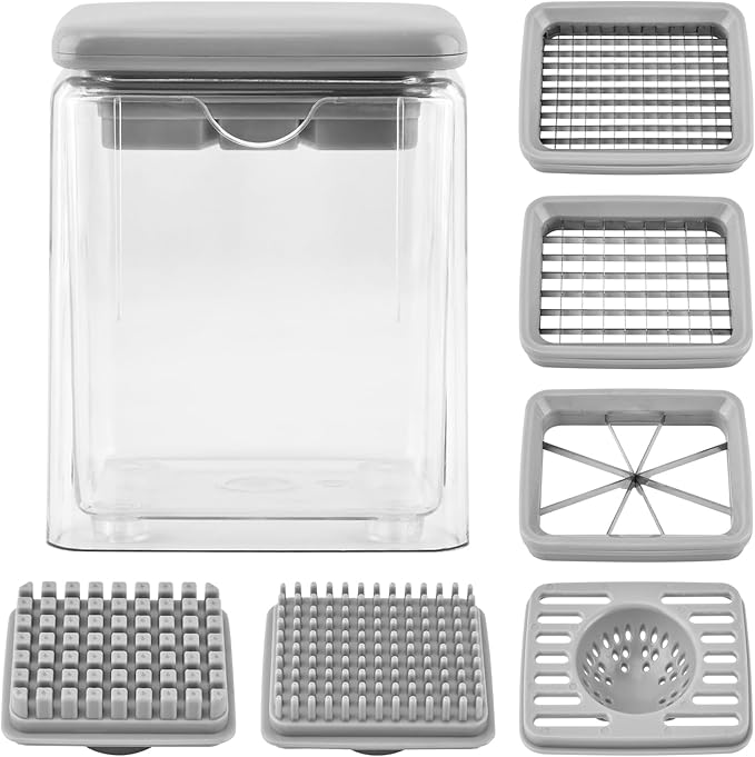 4-in-1 French Fry Cutter, Manual Veggie Chopper Potato Cutter Fruit Slicer with 3 Blades & 1 Juicing Mold, Multi-Function Fry Cutter Dicer Food Dicer for Fries Potato Onion(COLOR:Grey)