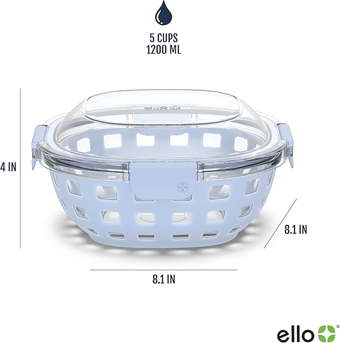 Ello DuraGlass Food Storage Glass Lunch Bowl Container - Meal Prep Container with Silicone Sleeve and Airtight Lid, 5 Cup, Blue