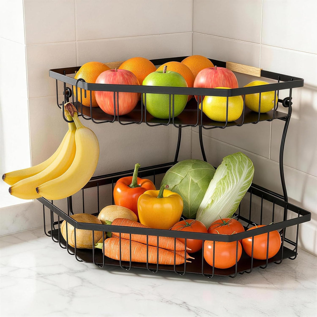 2 Tier Fruit Basket for Kitchen Counter with 2 Banana Hangers for Corner