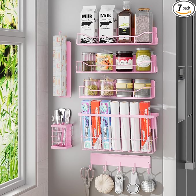 Magnetic Spice Rack for Refrigerator, 7 Pack Magnetic Fridge Shelf for Kitchen Organization Storage, Moveable Spice Organizer W/Paper Towel Holder, Utensil Caddy, Cutting Board Rack (Pink)