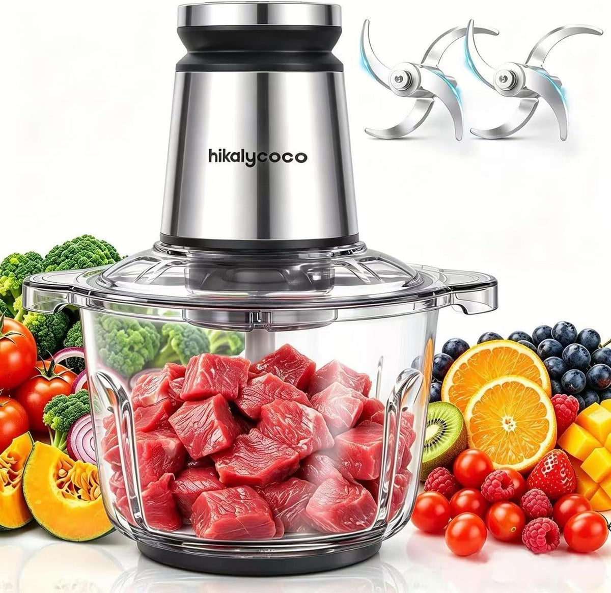 600W Food Chopper 8 Cup Glass Food Processor Meat Grinder