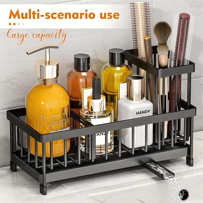 Black Sponge Holder for Kitchen Sink, Sink Caddy with Brush Holder Self-draining Sponge, Sturdy Rustproof Stainless Steel Kitchen Countertop Organizer for Soap Dispenser