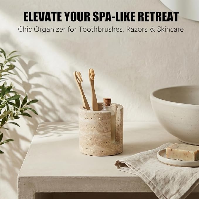 Luxury Natural Travertine Sponge Holder for Kitchen Sink - Minimalist Wabi-Sabi-Style Hand-Carved Stone Organizer for Toothbrushes, Candles, and Flowers -Unique Housewarming & Wedding Gift
