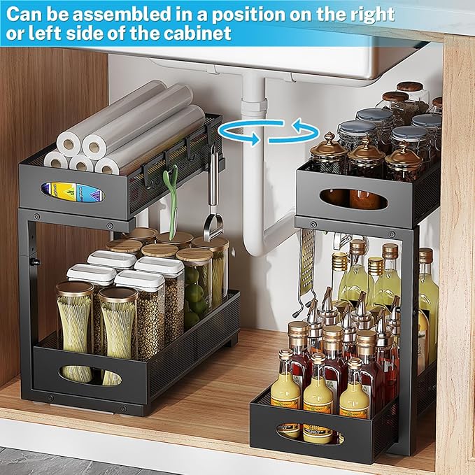 Under Sink Pull Out Organizer, 5-Level Adjustable Height to Fit U/L Shape Plumbing Pipes, Carbon Steel 2-Tier Storage Rack for Kitchen Bathroom Cabinet, Black
