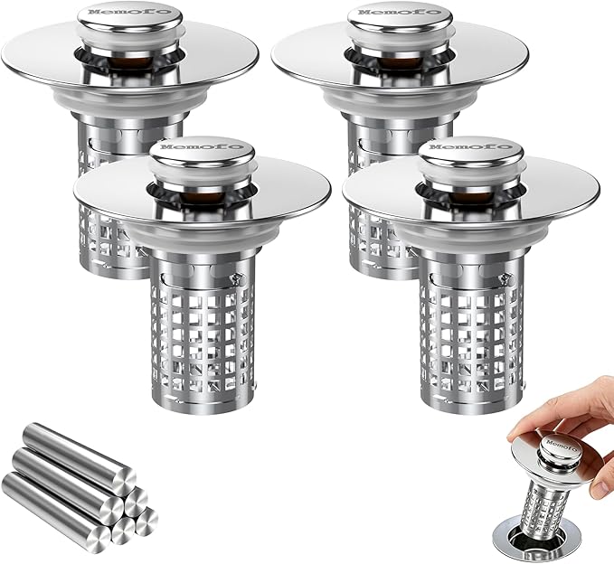 Bathroom Sink Drain Strainer, Stainless Steel Pop-up Strainer Basket Hair Catcher with Removable Basket, Brass Bullet Core, Universal Fit 1.1-2.36 Inch (4PCS)