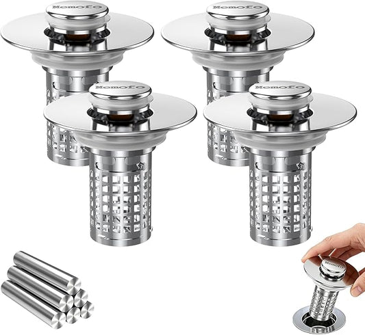 Bathroom Sink Drain Strainer, Stainless Steel Pop-up Strainer Basket Hair Catcher with Removable Basket, Brass Bullet Core
