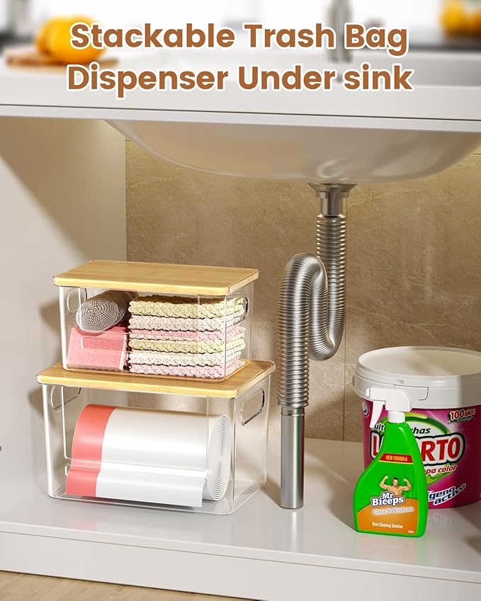 Trash Bag Dispenser 2-Pack, Stackable Trash Bag Holder with Bamboo Lid – Clear Plastic Garbage Bag Organizer for 13/30/33 Gal Bags, Space-Saving Under Sink Organizer for Kitchen, Laundry, Pantry