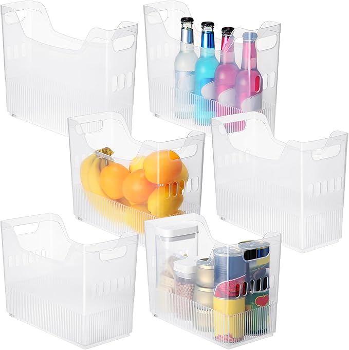 Qunclay 6 Plastic Freezer Organizer Bins with Wheel Set Clear Tall Narrow Kitchen Pantry Organizer Snack Storage Containers for Office Refrigerator(3 Sizes)