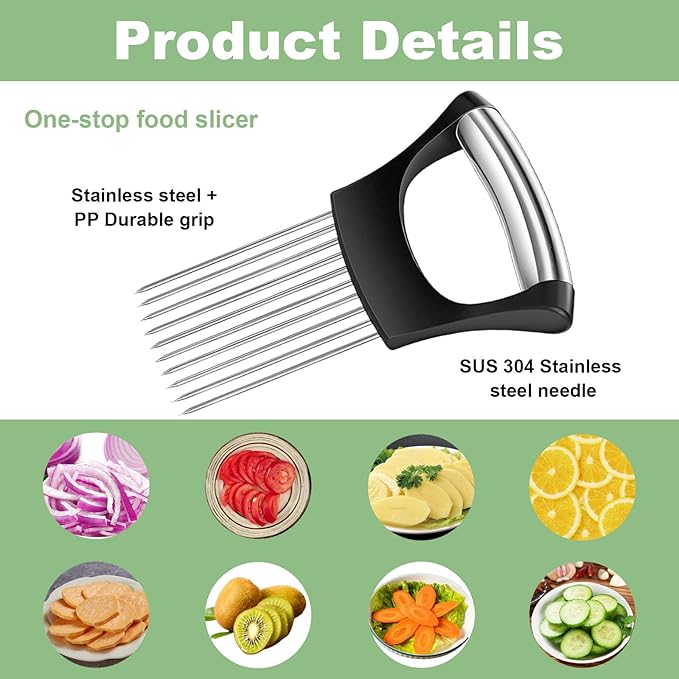 Stainless Steel Onion Holder for Slicing & Crinkle Cutter - Onion Slicer Holder, French Fry Cutter, Vegetable Cutter for Potatoes, Lemon, Tomatoes - Multi-Use Kitchen Gadgets with Ergonomic Handle