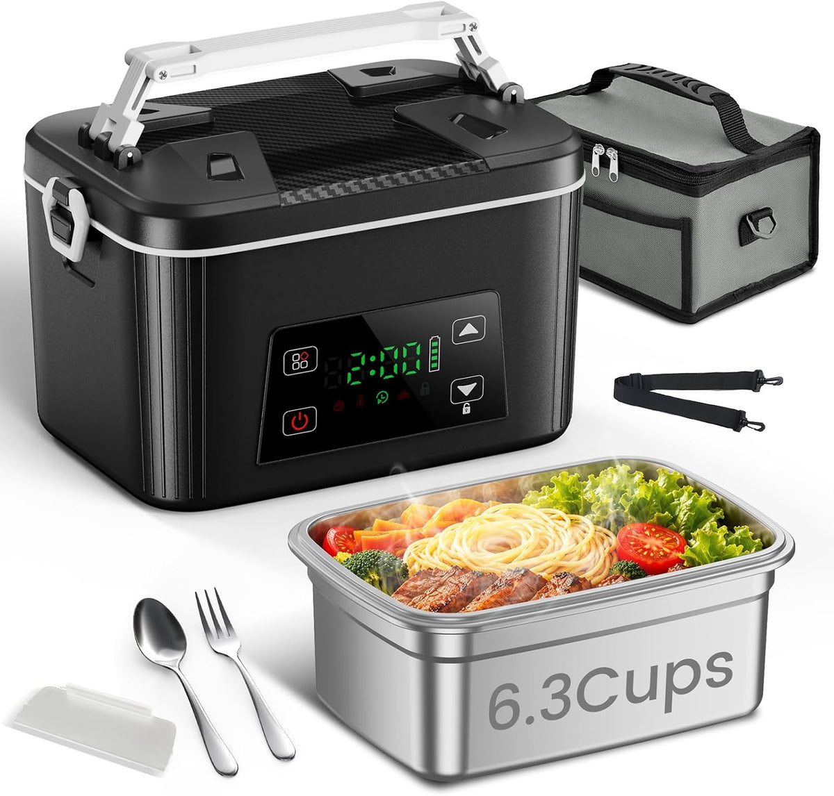 XL 6.3Cups Cordless Electric Heated Lunch Box, Rechargeable Battery 100W Smart Self Heating Portable Food Warmer for Adults Men Women Truckers Offices Worker Traveler Outdoor Nurses Doctors Black