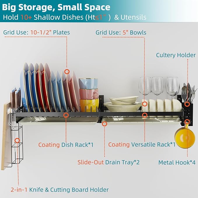 Hanging Wall Mounted Dish Drying Rack, Cutting Board Rack*1, Hook*4, Drain Tray*2, Apartment & RV Wall Mounted Dish Rack, Small Kitchen & Clean Countertop Solution, Multiple Layouts, Black