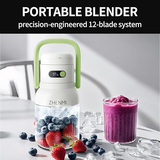 Portable Blender, 1000ml Capacity, Stainless Steel 12-Blade System, Portable Ice Crushing Juicer-for Shakes & Smoothies, BPA Free, 2 Leakproof-Lids & Straw, USB Rechargeable