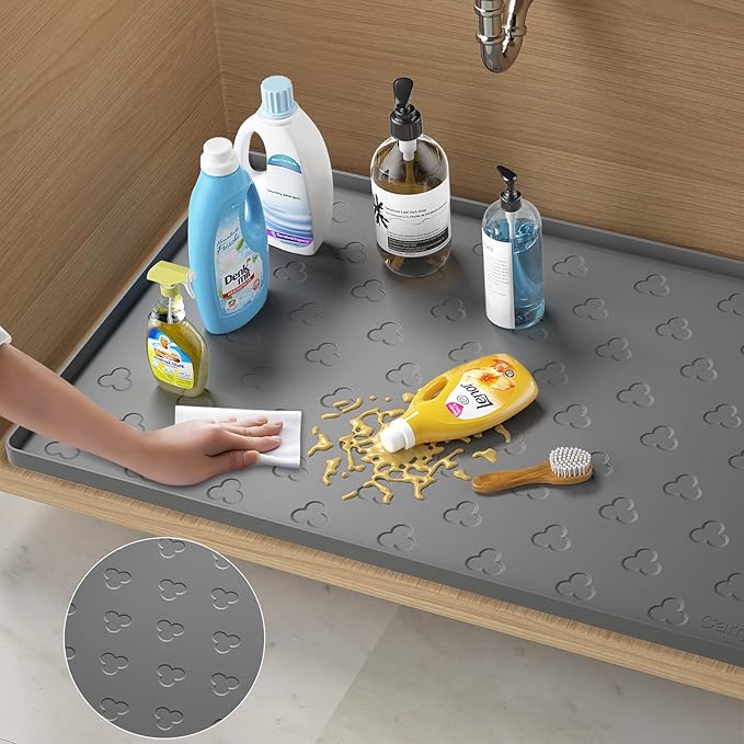 Under Sink Mat - Waterproof Kitchen Cabinet Tray - 34" x 22" Flexible Silicone Under Sink Liner - Kitchen Bathroom Cabinet Mat and Protector for Drips Leaks Spills