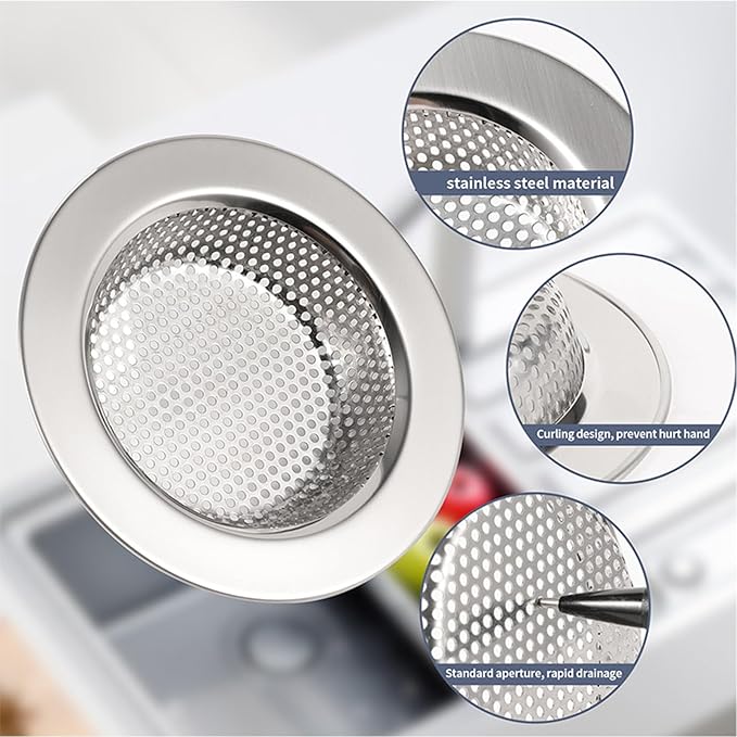 Kitchen Sink Strainer Basket Stainless Steel - Sink Drain Cover with Wide Rim, for Most Kitchen Sinks Anti-Clogging 4.5 in (3pc Silver)