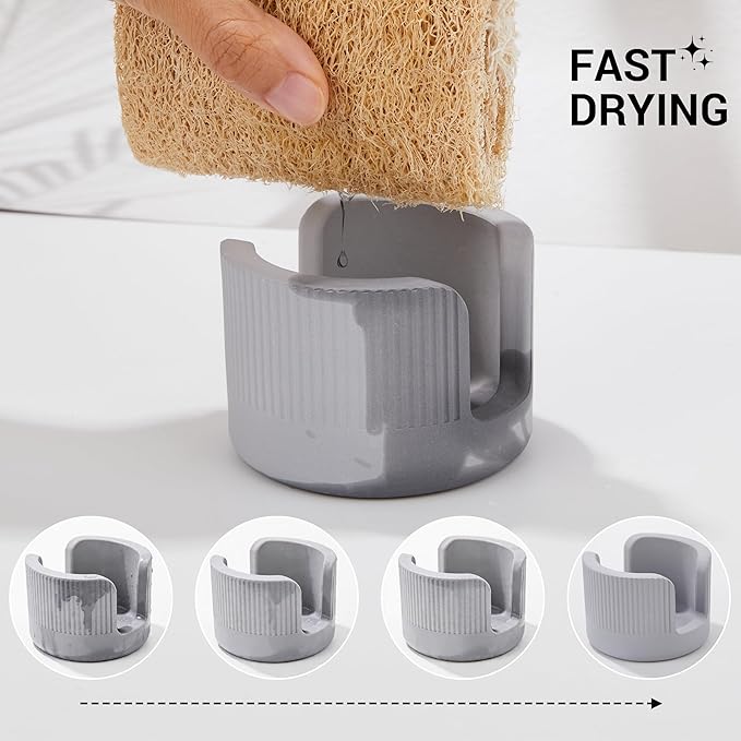 Quick Drying Diatomite Stone Sponge Holder, Compact Sponge Caddy for Kitchen Sink Counter, Water-Absorbing Round Organizer with Wide Slot, 1 Pack, Light Grey